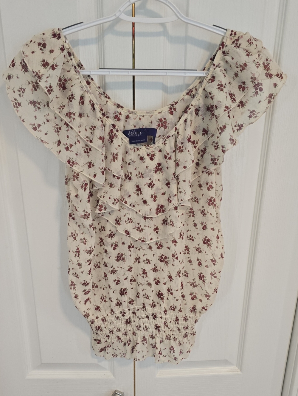 Miley Cyrus & Max Azria Cream Blouse with Burgundy Floral Print